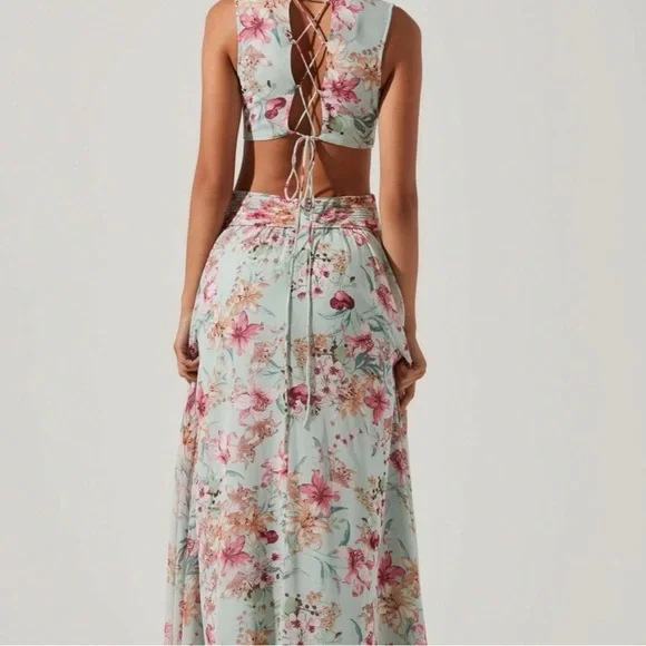 ASTR Floral Pleated V-Neck Cutout Maxi Dress - Blue and Pink - Picture 3 of 5